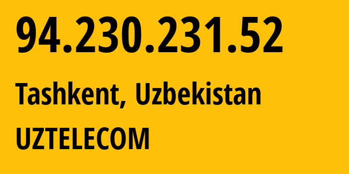 IP-адрес 94.230.231.52 (Ташкент, Ташкент, Узбекистан) определить местоположение, координаты на карте, ISP провайдер AS8193 UZTELECOM // кто провайдер айпи-адреса 94.230.231.52