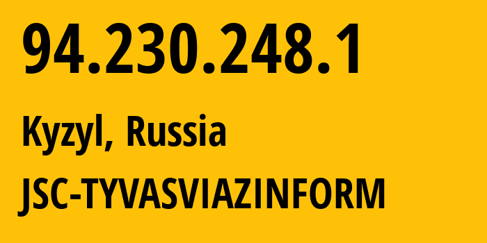 IP address 94.230.248.1 (Kyzyl, Republic of Tyva, Russia) get location, coordinates on map, ISP provider AS49732 JSC-TYVASVIAZINFORM // who is provider of ip address 94.230.248.1, whose IP address