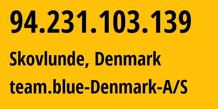 IP address 94.231.103.139 (Skovlunde, Capital Region, Denmark) get location, coordinates on map, ISP provider AS48854 team.blue-Denmark-A/S // who is provider of ip address 94.231.103.139, whose IP address