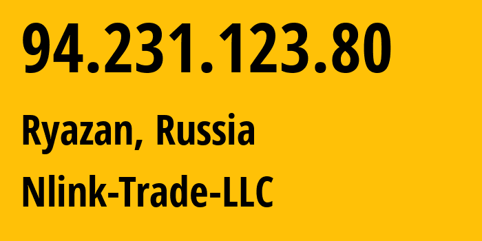 IP-адрес 94.231.123.80 (Рязань, Рязанская Область, Россия) определить местоположение, координаты на карте, ISP провайдер AS56420 Nlink-Trade-LLC // кто провайдер айпи-адреса 94.231.123.80