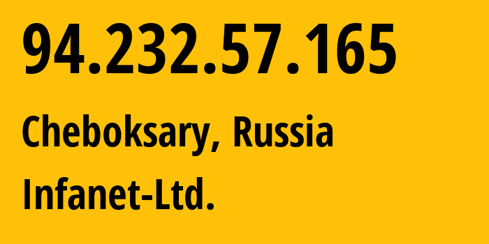 IP-адрес 94.232.57.165 (Чебоксары, Чувашия, Россия) определить местоположение, координаты на карте, ISP провайдер AS48089 Infanet-Ltd. // кто провайдер айпи-адреса 94.232.57.165