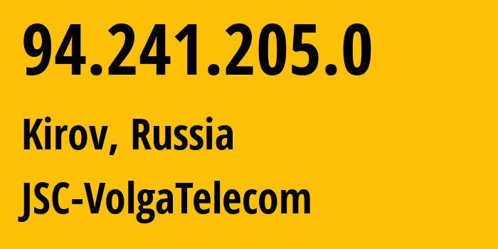 IP address 94.241.205.0 (Kirov, Kaluga Oblast, Russia) get location, coordinates on map, ISP provider AS12389 JSC-VolgaTelecom // who is provider of ip address 94.241.205.0, whose IP address