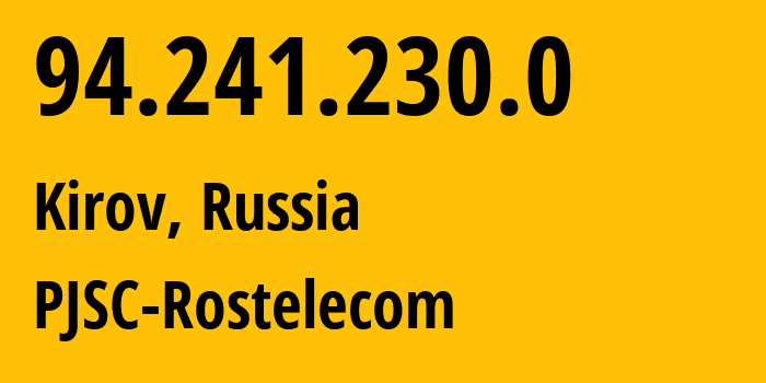 IP address 94.241.230.0 (Kirov, Kirov Oblast, Russia) get location, coordinates on map, ISP provider AS12389 PJSC-Rostelecom // who is provider of ip address 94.241.230.0, whose IP address