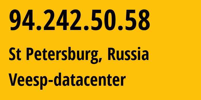 IP-адрес 94.242.50.58 (СПб, Санкт-Петербург, Россия) определить местоположение, координаты на карте, ISP провайдер AS43317 Veesp-datacenter // кто провайдер айпи-адреса 94.242.50.58