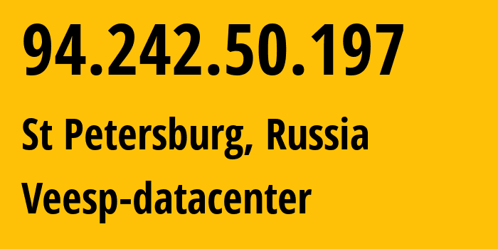 IP address 94.242.50.197 (St Petersburg, St.-Petersburg, Russia) get location, coordinates on map, ISP provider AS43317 Veesp-datacenter // who is provider of ip address 94.242.50.197, whose IP address