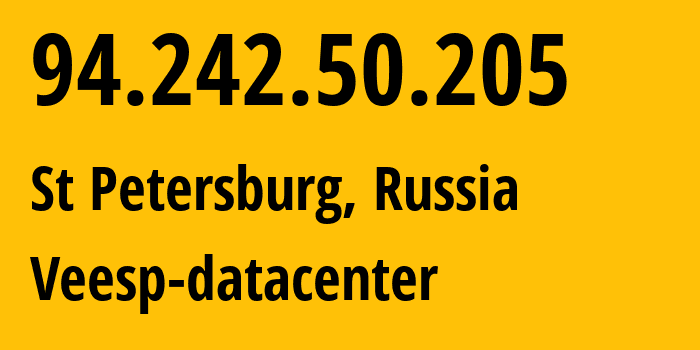 IP-адрес 94.242.50.205 (СПб, Санкт-Петербург, Россия) определить местоположение, координаты на карте, ISP провайдер AS43317 Veesp-datacenter // кто провайдер айпи-адреса 94.242.50.205