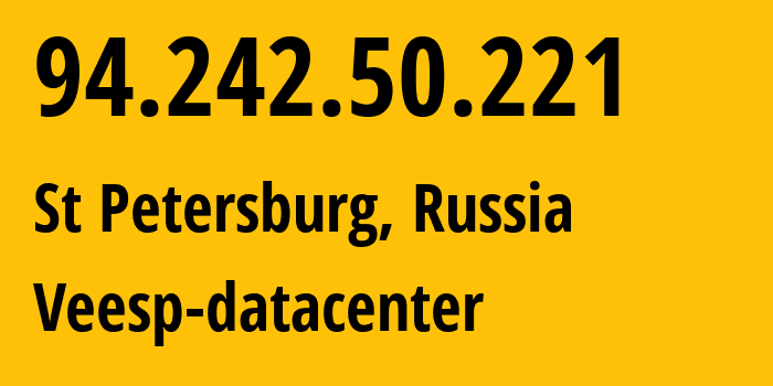 IP-адрес 94.242.50.221 (СПб, Санкт-Петербург, Россия) определить местоположение, координаты на карте, ISP провайдер AS43317 Veesp-datacenter // кто провайдер айпи-адреса 94.242.50.221