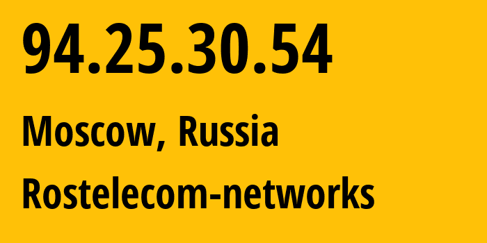 IP address 94.25.30.54 (Moscow, Moscow, Russia) get location, coordinates on map, ISP provider AS209313 Rostelecom-networks // who is provider of ip address 94.25.30.54, whose IP address