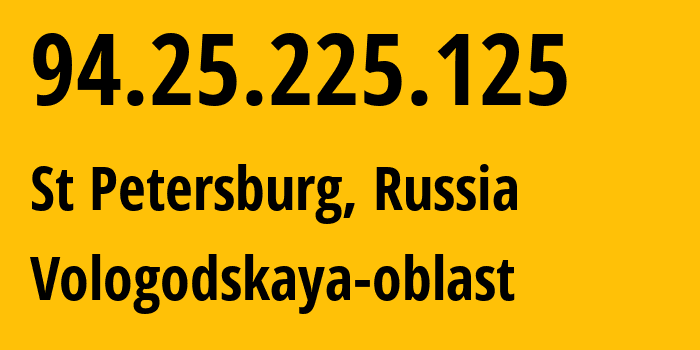 IP address 94.25.225.125 (Arkhangelsk, Arkhangelskaya, Russia) get location, coordinates on map, ISP provider AS31213 Vologodskaya-oblast // who is provider of ip address 94.25.225.125, whose IP address