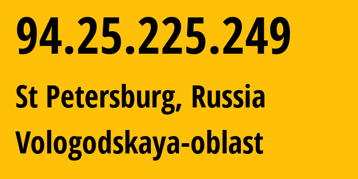 IP address 94.25.225.249 (Arkhangelsk, Arkhangelskaya, Russia) get location, coordinates on map, ISP provider AS31213 Vologodskaya-oblast // who is provider of ip address 94.25.225.249, whose IP address