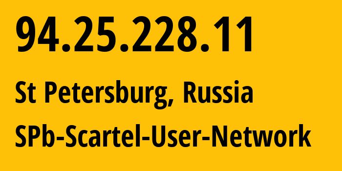 IP-адрес 94.25.228.11 (Санкт-Петербург, Санкт-Петербург, Россия) определить местоположение, координаты на карте, ISP провайдер AS31213 SPb-Scartel-User-Network // кто провайдер айпи-адреса 94.25.228.11