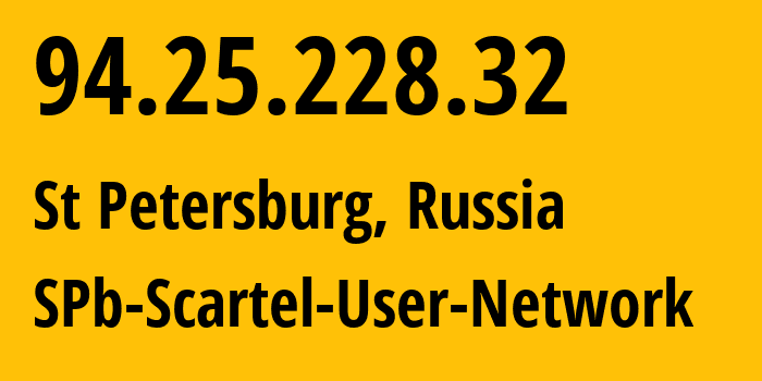 IP-адрес 94.25.228.32 (Санкт-Петербург, Санкт-Петербург, Россия) определить местоположение, координаты на карте, ISP провайдер AS31213 SPb-Scartel-User-Network // кто провайдер айпи-адреса 94.25.228.32