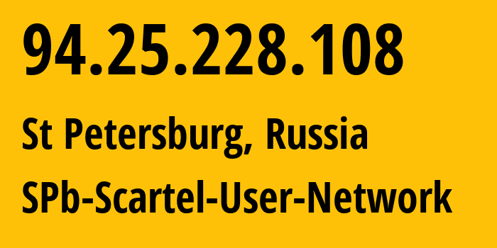 IP address 94.25.228.108 (St Petersburg, St.-Petersburg, Russia) get location, coordinates on map, ISP provider AS31213 SPb-Scartel-User-Network // who is provider of ip address 94.25.228.108, whose IP address