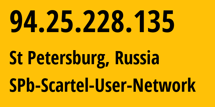 IP-адрес 94.25.228.135 (Санкт-Петербург, Санкт-Петербург, Россия) определить местоположение, координаты на карте, ISP провайдер AS31213 SPb-Scartel-User-Network // кто провайдер айпи-адреса 94.25.228.135