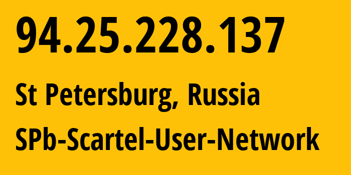 IP-адрес 94.25.228.137 (Санкт-Петербург, Санкт-Петербург, Россия) определить местоположение, координаты на карте, ISP провайдер AS31213 SPb-Scartel-User-Network // кто провайдер айпи-адреса 94.25.228.137