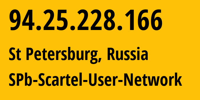 IP-адрес 94.25.228.166 (Санкт-Петербург, Санкт-Петербург, Россия) определить местоположение, координаты на карте, ISP провайдер AS31213 SPb-Scartel-User-Network // кто провайдер айпи-адреса 94.25.228.166