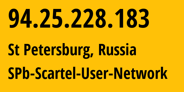 IP-адрес 94.25.228.183 (Санкт-Петербург, Санкт-Петербург, Россия) определить местоположение, координаты на карте, ISP провайдер AS31213 SPb-Scartel-User-Network // кто провайдер айпи-адреса 94.25.228.183