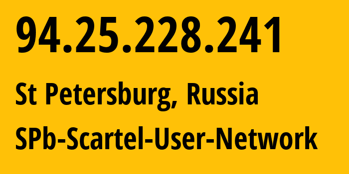 IP-адрес 94.25.228.241 (Санкт-Петербург, Санкт-Петербург, Россия) определить местоположение, координаты на карте, ISP провайдер AS31213 SPb-Scartel-User-Network // кто провайдер айпи-адреса 94.25.228.241