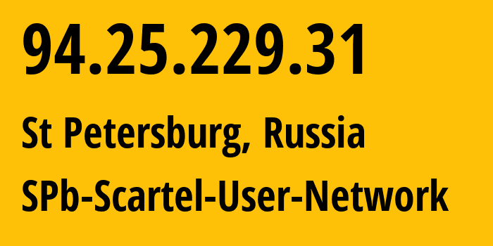 IP-адрес 94.25.229.31 (Санкт-Петербург, Санкт-Петербург, Россия) определить местоположение, координаты на карте, ISP провайдер AS31213 SPb-Scartel-User-Network // кто провайдер айпи-адреса 94.25.229.31