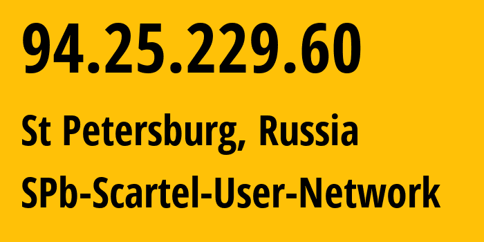 IP address 94.25.229.60 (St Petersburg, St.-Petersburg, Russia) get location, coordinates on map, ISP provider AS31213 SPb-Scartel-User-Network // who is provider of ip address 94.25.229.60, whose IP address