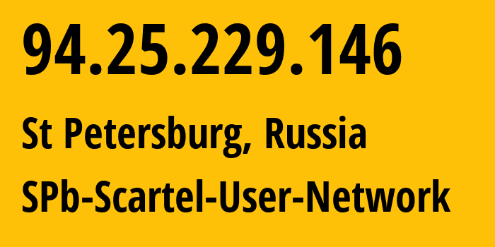 IP address 94.25.229.146 (St Petersburg, St.-Petersburg, Russia) get location, coordinates on map, ISP provider AS31213 SPb-Scartel-User-Network // who is provider of ip address 94.25.229.146, whose IP address