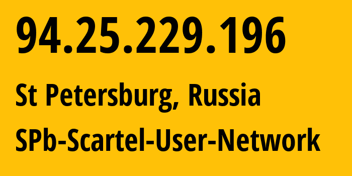 IP address 94.25.229.196 (St Petersburg, St.-Petersburg, Russia) get location, coordinates on map, ISP provider AS31213 SPb-Scartel-User-Network // who is provider of ip address 94.25.229.196, whose IP address