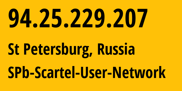 IP address 94.25.229.207 (St Petersburg, St.-Petersburg, Russia) get location, coordinates on map, ISP provider AS31213 SPb-Scartel-User-Network // who is provider of ip address 94.25.229.207, whose IP address