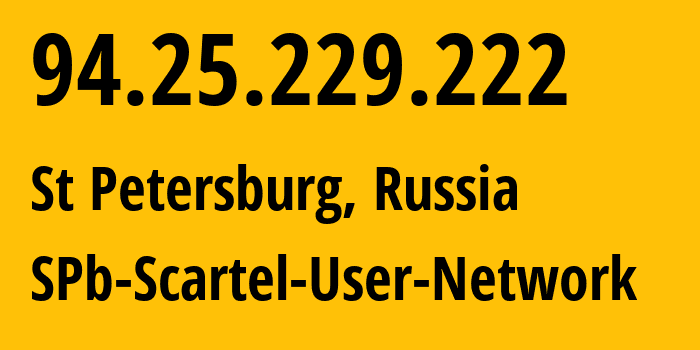 IP address 94.25.229.222 (St Petersburg, St.-Petersburg, Russia) get location, coordinates on map, ISP provider AS31213 SPb-Scartel-User-Network // who is provider of ip address 94.25.229.222, whose IP address