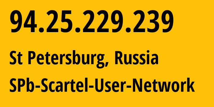 IP-адрес 94.25.229.239 (Санкт-Петербург, Санкт-Петербург, Россия) определить местоположение, координаты на карте, ISP провайдер AS31213 SPb-Scartel-User-Network // кто провайдер айпи-адреса 94.25.229.239