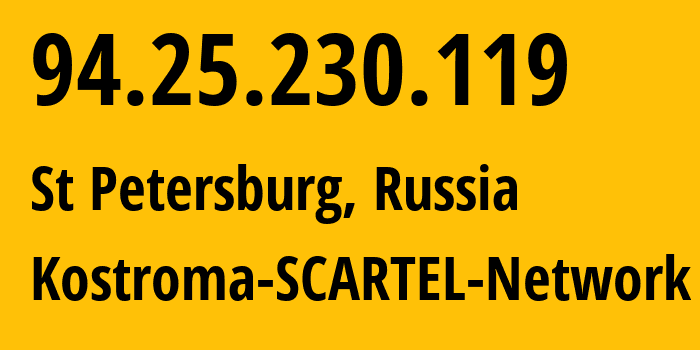 IP-адрес 94.25.230.119 (Санкт-Петербург, Санкт-Петербург, Россия) определить местоположение, координаты на карте, ISP провайдер AS31213 Kostroma-SCARTEL-Network // кто провайдер айпи-адреса 94.25.230.119