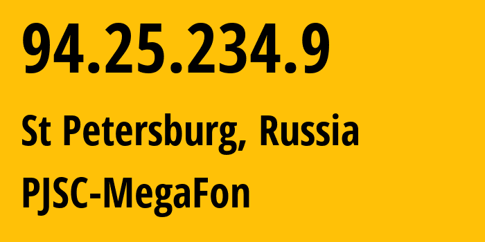 IP-адрес 94.25.234.9 (Санкт-Петербург, Санкт-Петербург, Россия) определить местоположение, координаты на карте, ISP провайдер AS31213 PJSC-MegaFon // кто провайдер айпи-адреса 94.25.234.9