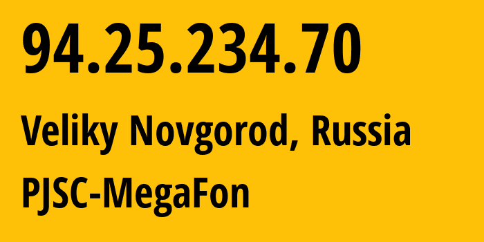 IP address 94.25.234.70 (Veliky Novgorod, Novgorod Oblast, Russia) get location, coordinates on map, ISP provider AS31213 PJSC-MegaFon // who is provider of ip address 94.25.234.70, whose IP address