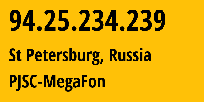 IP-адрес 94.25.234.239 (Санкт-Петербург, Санкт-Петербург, Россия) определить местоположение, координаты на карте, ISP провайдер AS31213 PJSC-MegaFon // кто провайдер айпи-адреса 94.25.234.239