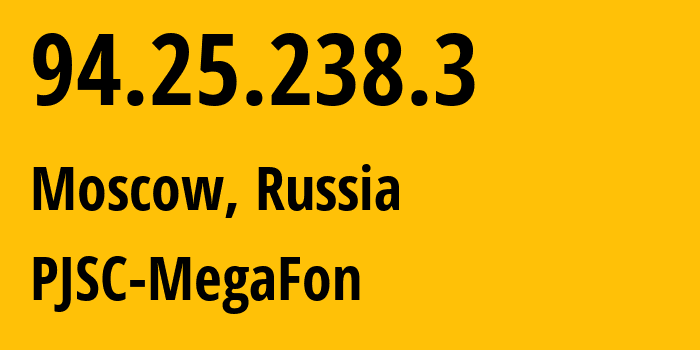 IP address 94.25.238.3 (Moscow, Moscow, Russia) get location, coordinates on map, ISP provider AS31213 PJSC-MegaFon // who is provider of ip address 94.25.238.3, whose IP address