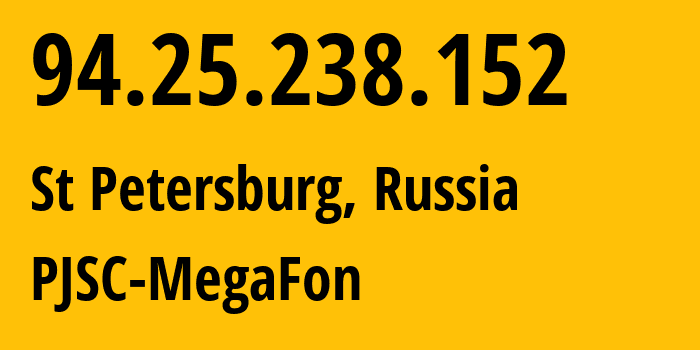 IP-адрес 94.25.238.152 (Санкт-Петербург, Санкт-Петербург, Россия) определить местоположение, координаты на карте, ISP провайдер AS31213 PJSC-MegaFon // кто провайдер айпи-адреса 94.25.238.152