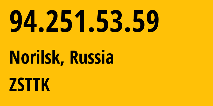 IP-адрес 94.251.53.59 (Норильск, Красноярский Край, Россия) определить местоположение, координаты на карте, ISP провайдер AS21127 ZSTTK // кто провайдер айпи-адреса 94.251.53.59