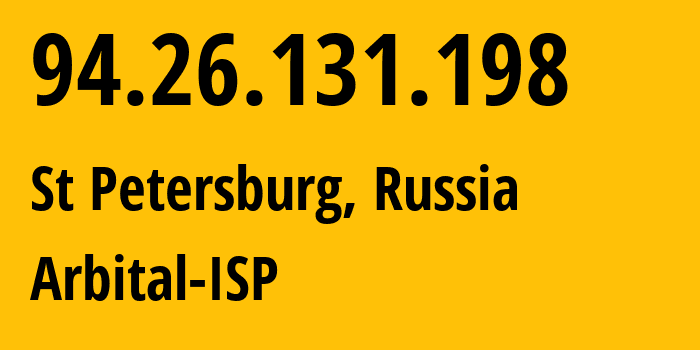 IP-адрес 94.26.131.198 (Санкт-Петербург, Санкт-Петербург, Россия) определить местоположение, координаты на карте, ISP провайдер AS44068 Arbital-ISP // кто провайдер айпи-адреса 94.26.131.198