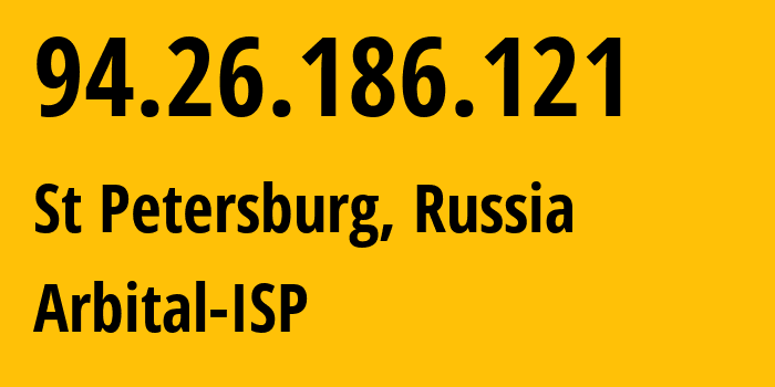IP-адрес 94.26.186.121 (Санкт-Петербург, Санкт-Петербург, Россия) определить местоположение, координаты на карте, ISP провайдер AS44068 Arbital-ISP // кто провайдер айпи-адреса 94.26.186.121