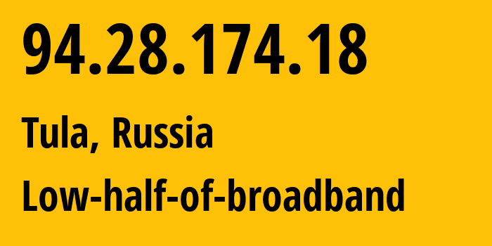 IP-адрес 94.28.174.18 (Тула, Тульская Область, Россия) определить местоположение, координаты на карте, ISP провайдер AS12389 Low-half-of-broadband // кто провайдер айпи-адреса 94.28.174.18