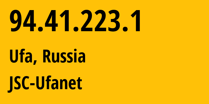 IP address 94.41.223.1 (Ufa, Bashkortostan Republic, Russia) get location, coordinates on map, ISP provider AS24955 JSC-Ufanet // who is provider of ip address 94.41.223.1, whose IP address