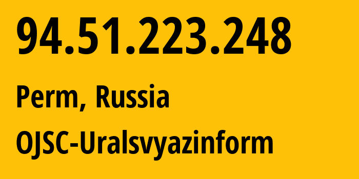 IP address 94.51.223.248 (Perm, Perm Krai, Russia) get location, coordinates on map, ISP provider AS12389 OJSC-Uralsvyazinform // who is provider of ip address 94.51.223.248, whose IP address