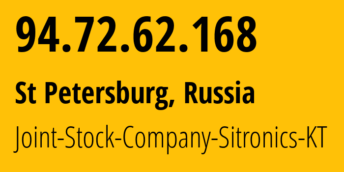 IP address 94.72.62.168 (St Petersburg, St.-Petersburg, Russia) get location, coordinates on map, ISP provider AS49211 Joint-Stock-Company-Sitronics-KT // who is provider of ip address 94.72.62.168, whose IP address