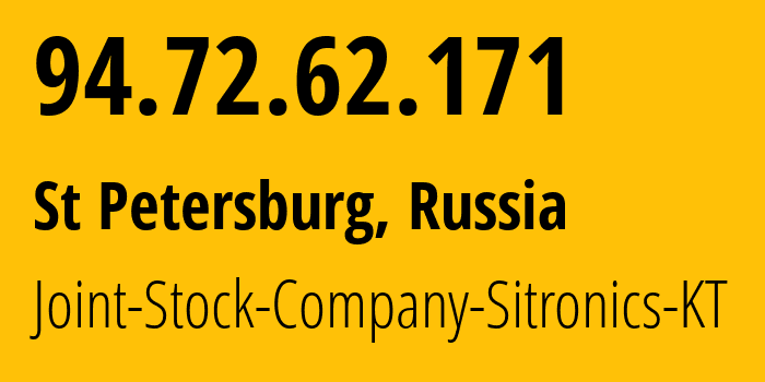 IP address 94.72.62.171 (St Petersburg, St.-Petersburg, Russia) get location, coordinates on map, ISP provider AS49211 Joint-Stock-Company-Sitronics-KT // who is provider of ip address 94.72.62.171, whose IP address