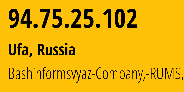 IP address 94.75.25.102 (Ufa, Bashkortostan Republic, Russia) get location, coordinates on map, ISP provider AS28812 Bashinformsvyaz-Company,-RUMS,-DSL // who is provider of ip address 94.75.25.102, whose IP address