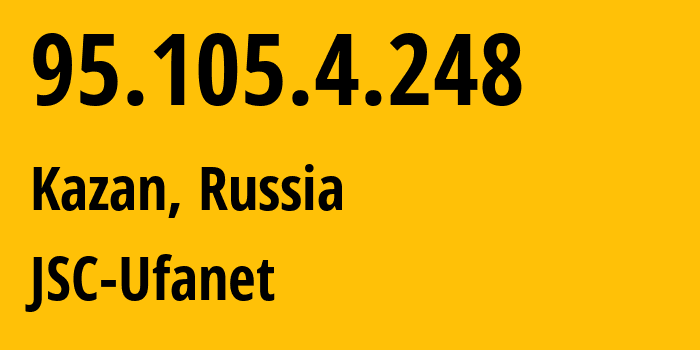 IP address 95.105.4.248 (Ufa, Bashkortostan Republic, Russia) get location, coordinates on map, ISP provider AS24955 JSC-Ufanet // who is provider of ip address 95.105.4.248, whose IP address