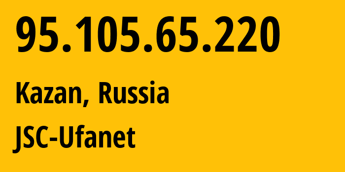 IP-адрес 95.105.65.220 (Казань, Татарстан, Россия) определить местоположение, координаты на карте, ISP провайдер AS57128 JSC-Ufanet // кто провайдер айпи-адреса 95.105.65.220