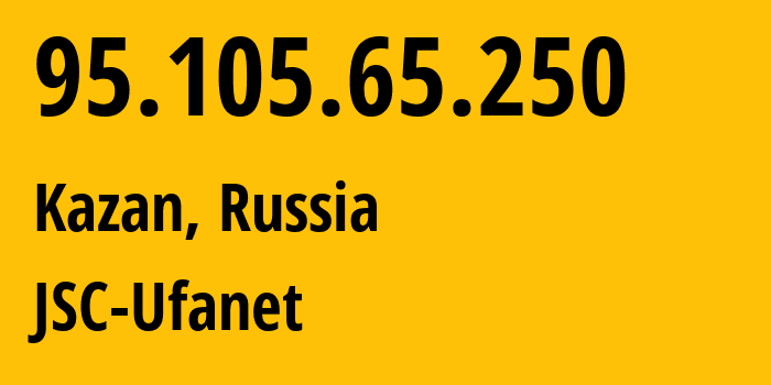 IP-адрес 95.105.65.250 (Казань, Татарстан, Россия) определить местоположение, координаты на карте, ISP провайдер AS57128 JSC-Ufanet // кто провайдер айпи-адреса 95.105.65.250