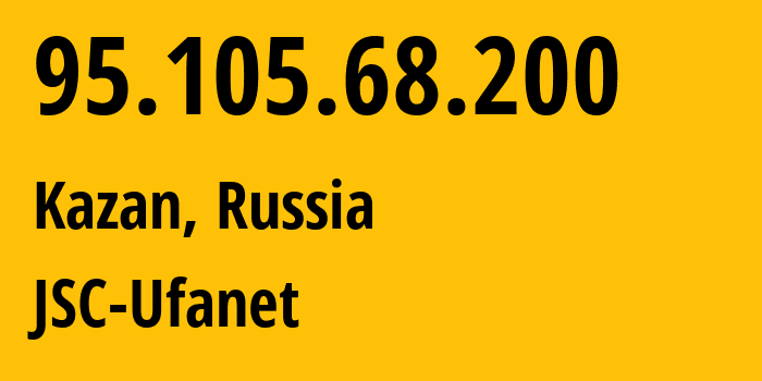 IP address 95.105.68.200 (Kazan, Tatarstan Republic, Russia) get location, coordinates on map, ISP provider AS57128 JSC-Ufanet // who is provider of ip address 95.105.68.200, whose IP address