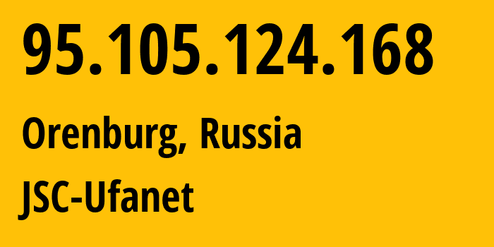 IP-адрес 95.105.124.168 (Оренбург, Оренбургская область, Россия) определить местоположение, координаты на карте, ISP провайдер AS41704 JSC-Ufanet // кто провайдер айпи-адреса 95.105.124.168