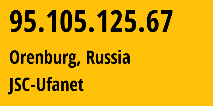 IP-адрес 95.105.125.67 (Оренбург, Оренбургская Область, Россия) определить местоположение, координаты на карте, ISP провайдер AS41704 JSC-Ufanet // кто провайдер айпи-адреса 95.105.125.67